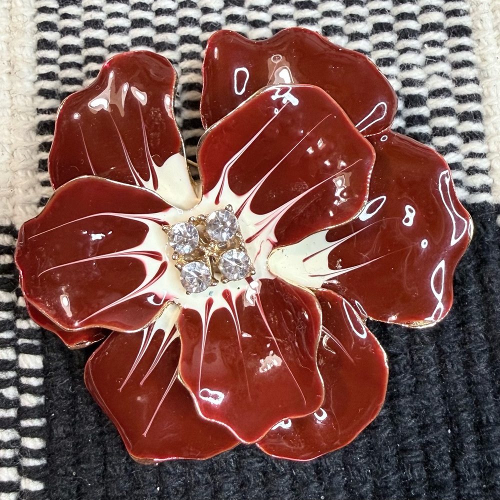 Flower Brooch or Pendant Gold with Dark Red and Cream Enamel Clear Rhinestones